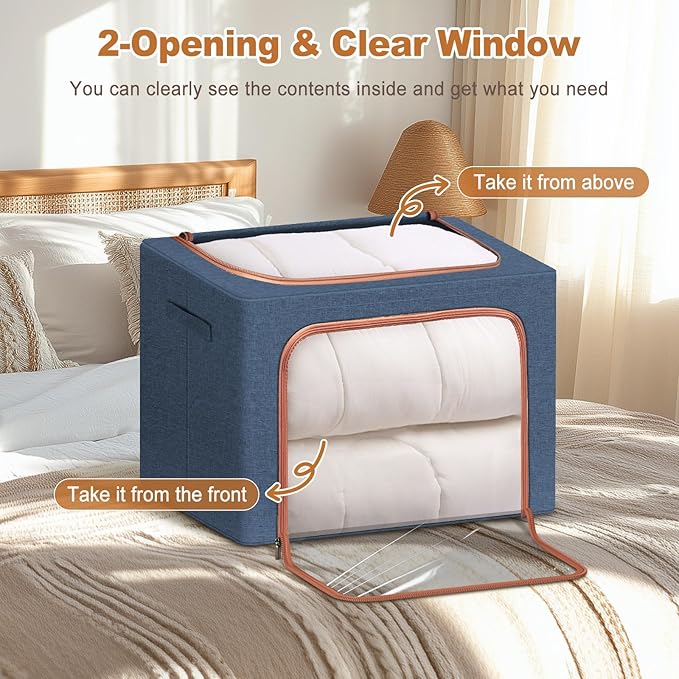 3 Pack Foldable Storage Bins with Metal Frame, Large Capacity Stackable Clothes Organizer with Clear Window & Carry Handles, Linen Fabric Storage Boxes for Closet (Navy Blue, 3PCS-Large-66L)