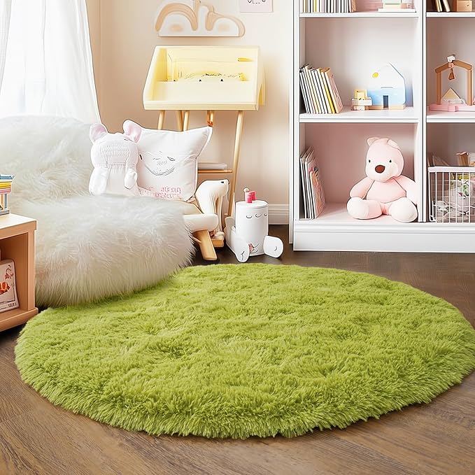 4'x4' Grass Green Round Rug for Bedroom, Ultra Soft Fluffy Circle Rug for Kids Girls Boys Room, Cute Shag Rugs for Living Room Playroom Tent Castle Home Decor Rug