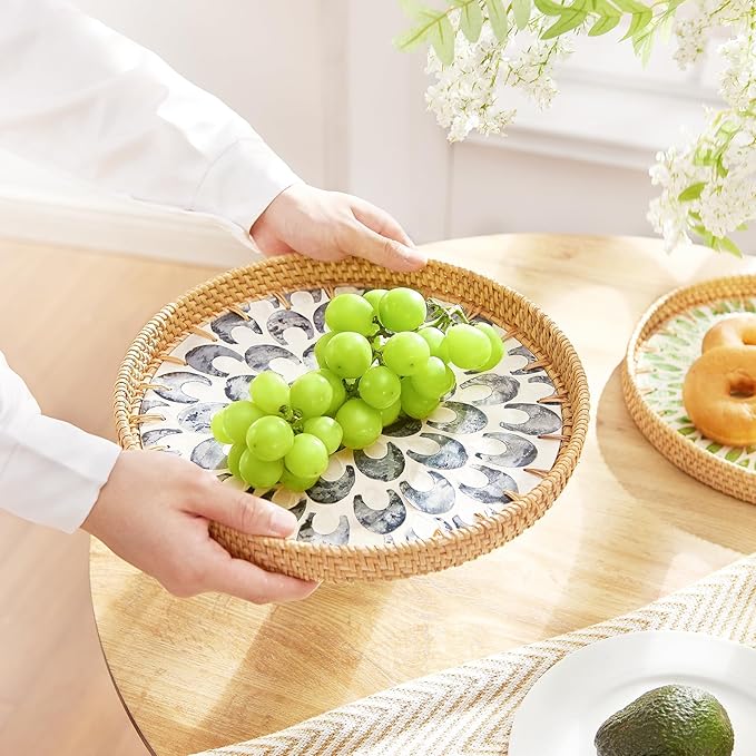 Rattan Tray with Mother of Pearl Inlay, Round Rattan Serving Tray with Wooden Base, Decorative Wicker Basket for Table Decor, Storage and Display of Jewelry Coffee Bread Food Fruit (Sapphire Blue)