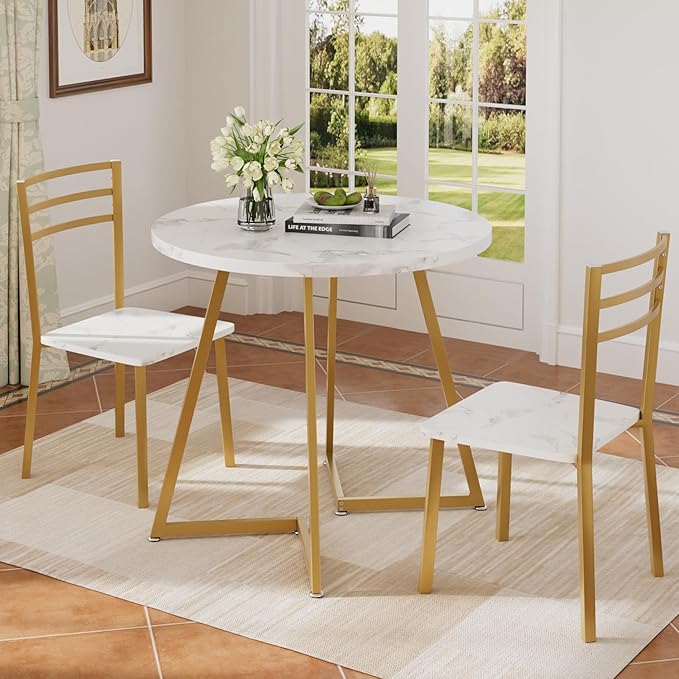 VECELO Small Round Dining Table Set for 2, Wood Tabletop with Strong Metal Frame, Modern Dinette with Chairs for Kitchen, Breakfast Nook Living Room, White & Gold