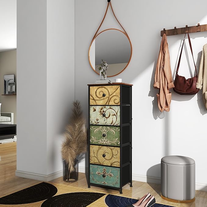 Tohomeor Small Dresser for Bedroom with Retro Flower Narrow Drawers Slim Chest of Drawers Skinny Nightstand Sofa End Table for Living Room Entryway Closet Storage (Multi, 5 Drawers)