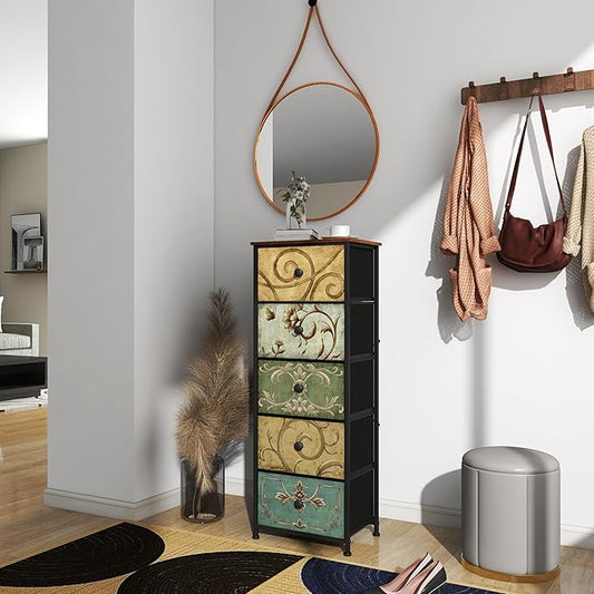 Tohomeor Small Dresser for Bedroom with Retro Flower Narrow Drawers Slim Chest of Drawers Skinny Nightstand Sofa End Table for Living Room Entryway Closet Storage (Multi, 5 Drawers)