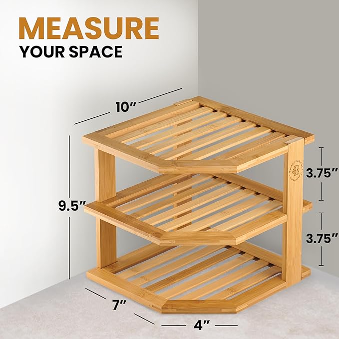 2-Pack Plate Organizer for Cabinet - Bamboo Corner Shelf for Kitchen or Bathroom Storage, Space-Saving Rack for Dishes, Countertop, Cabinet, Pantry - Organization & Housewarming Gift