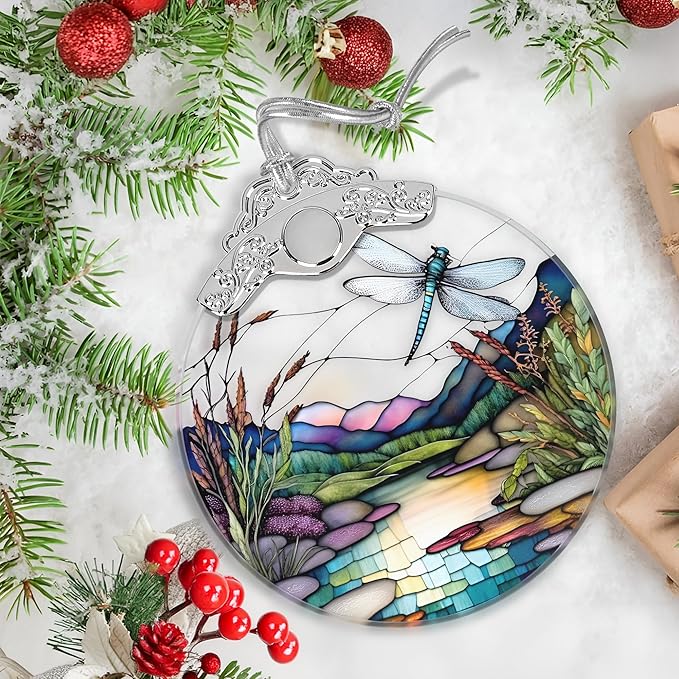 Christmas Stained Glass Dragonfly Ornament - Home Decor - Holiday Present Ideas - Gift Exchange - Fluttering Dragonfly