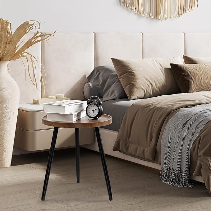 danpinera Round Side Table, Metal Legged Accent Table with Wooden Tray, Small Round End Table for Living Room, Bedroom, Nursery, Brown & Black