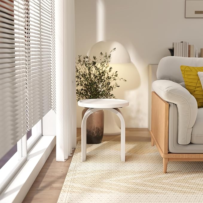 17.7”Wide Modern Side Table, White Wooden End Table, Round Accent Table for Small Spaces, Bedside, Couch Side, Narrow Nightstand for Living Room