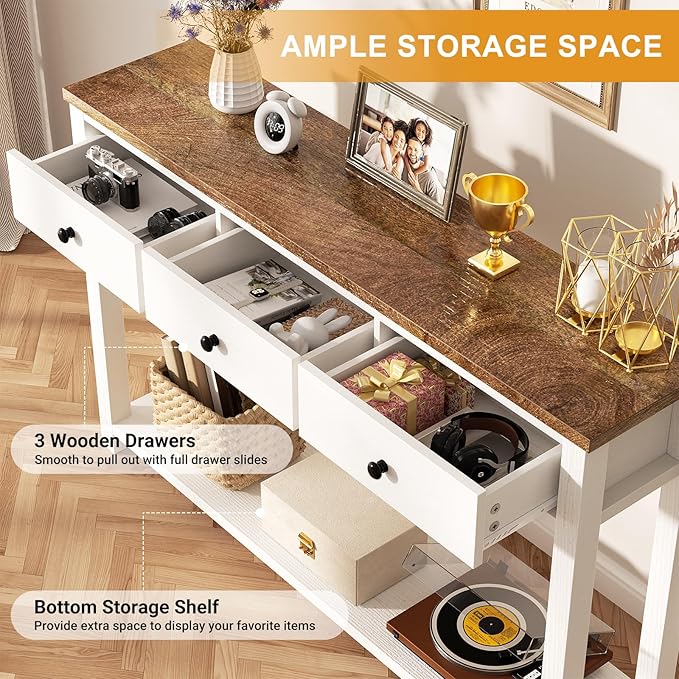 Homieasy Farmhouse Console Table with 3 Drawers, 47 Inch Wood Sofa Table with Storage Shelf for Living Room, Behind Couch, Entryway Table for Hallway, Living Room, or Foyer, Rustic Brown and White
