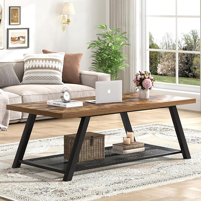 FOLUBAN 47 Inch Coffee Table, Industrial Wood and Metal Living Room Table with Storage Shelf, Rectangle Center Table, Rustic Brown