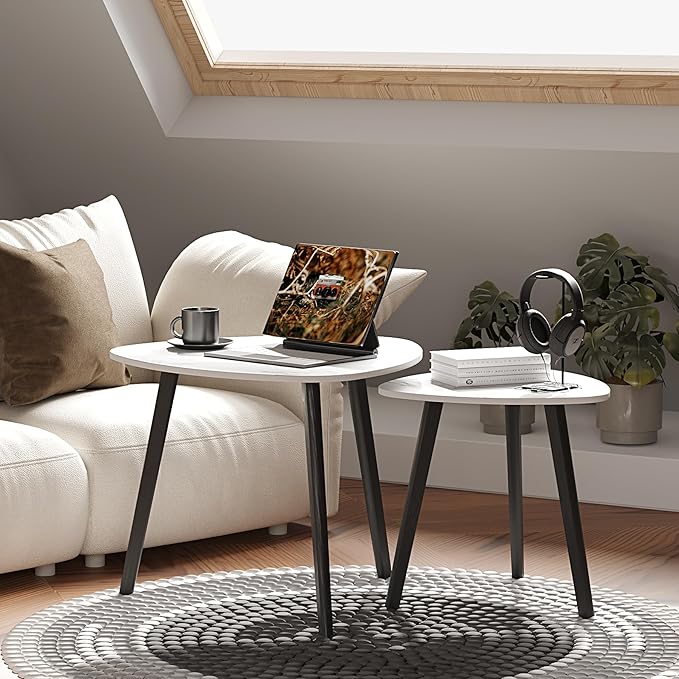 BAMEOS Bamboo Nesting Triangle End Table,Set of 2 Coffee Table Modern Minimalist Side Table for Living Room (Marble White)