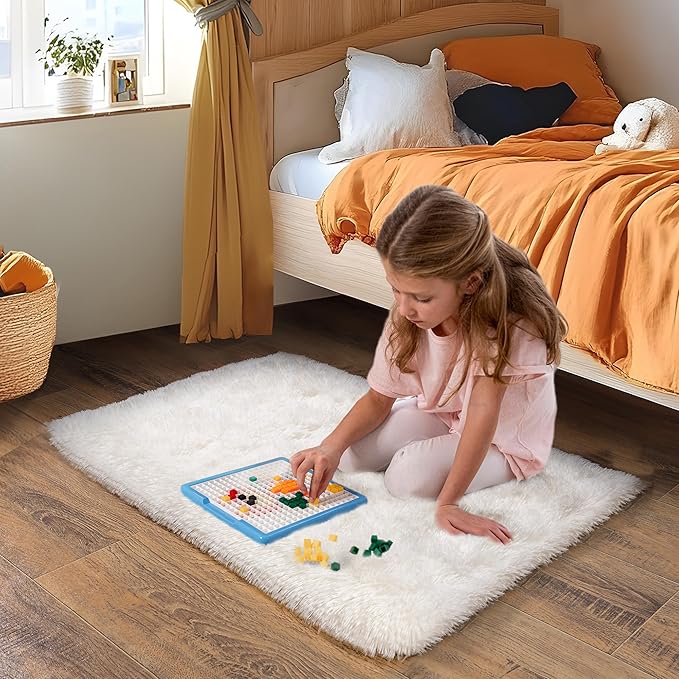 Small Area Rug, 2x3 Rug for Bedroom Shaggy Throw Rugs for Dorm Rug, Soft Shag Carpet for Kids Room, Plush Comfy Fluffy Bedside Rug for Home Decor Aesthetic, Cream White