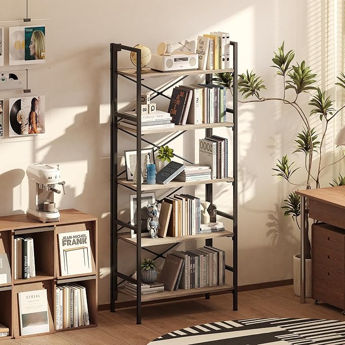 Folding Bookshelf,5 Tier Bookcase Foldable Shelf with X-Bracket Design, Adjustable Feet, Space Saving Storage for Living Room, Office