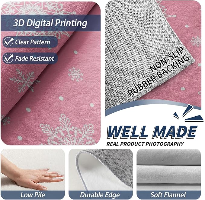 Snowflake Rug 5x7-3x4 Rug, Pink Christmas Door Mat Indoor Entrance, Snowflake Entryway Throw Rugs, White Snowflakes Carpet, Festive Home Decor & Gifts