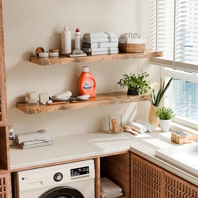 12 Inch Deep Floating Shelves, 48 Inch Fireplace Mantel Set of 2, Rustic Brown Hanging Shelf with Invisible Brackets, Display Shelves Wall Mounted for Bedroom, Kitchen, Office, Living Room