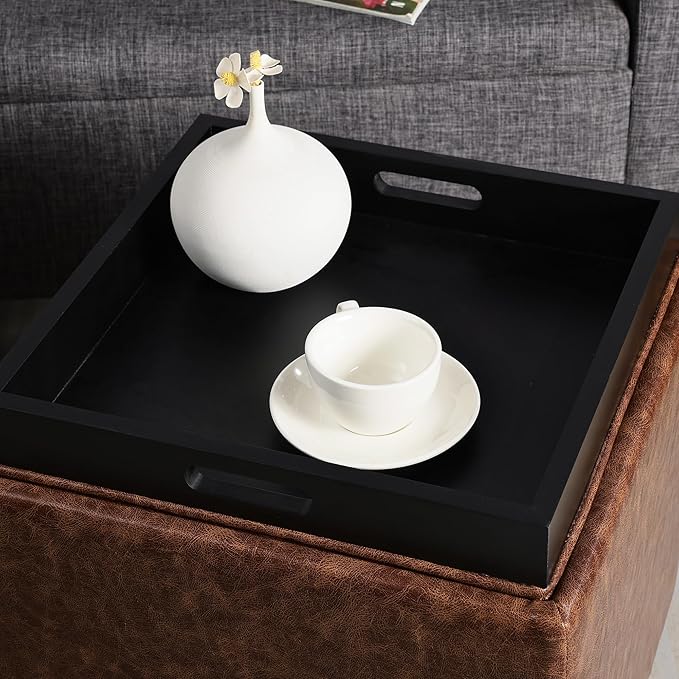 Adeco 17" Storage Ottoman Cube with Tray Lid, Small Footstool with Storage, Square End Table for Living Room & Bedroom