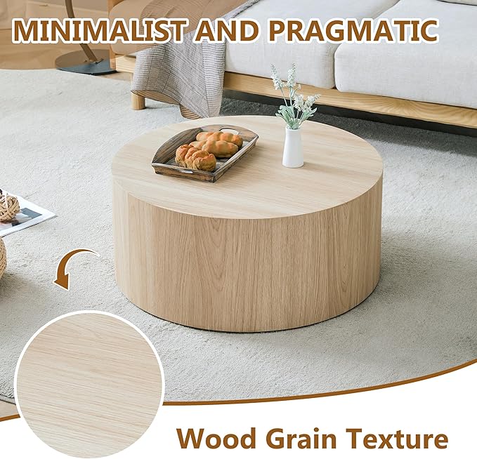 27.5" Round Wood Coffee Table, Modern Coffee Tables in Wood Finish for Living Room, Contemporary No Assembly Circle Wooden Center Cocktail Table for Bedroom, Reception Room