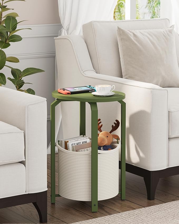 TUTOTAK Small Side Table, Oval End Table, Night Stand, Bedside Table, Sofa Table with Storage Basket, Living Room, Bed Room, Olive Green TB01BOG0932