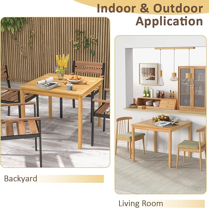 Tangkula Square Outdoor Dining Table, 4-Person Acacia Wood Dining Table with 1.9” Umbrella Hole, Farmhouse Patio Bistro Table, Indoor Outdoor Dining Furniture for Yard Deck Lawn