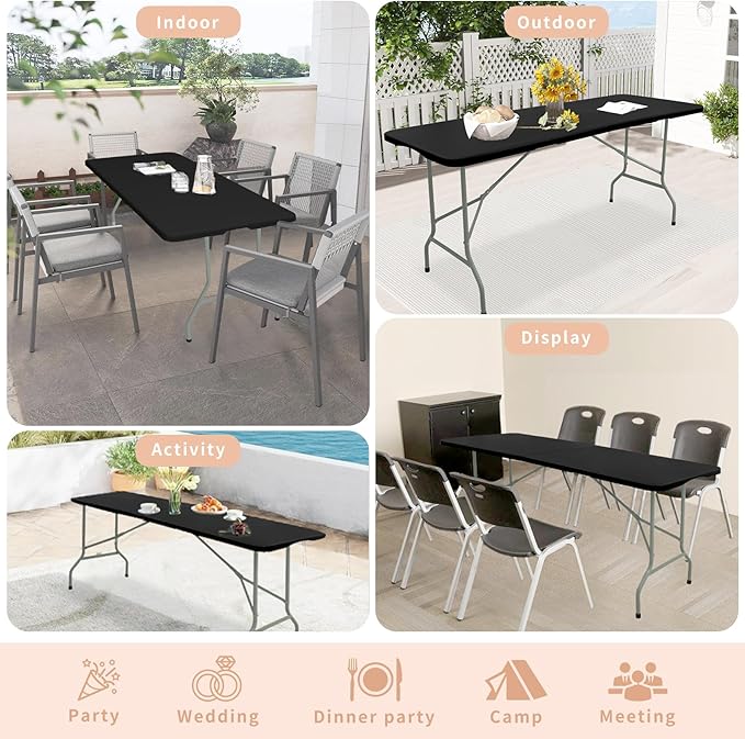 Folding Table 5FT Camping Table Portable Heavy Duty Plastic Rectangular Outdoor Dining Table Steel Legs Fold-in-Half with Carrying Handle for Indoor,Picnic,Party,Wedding,Events(Black)