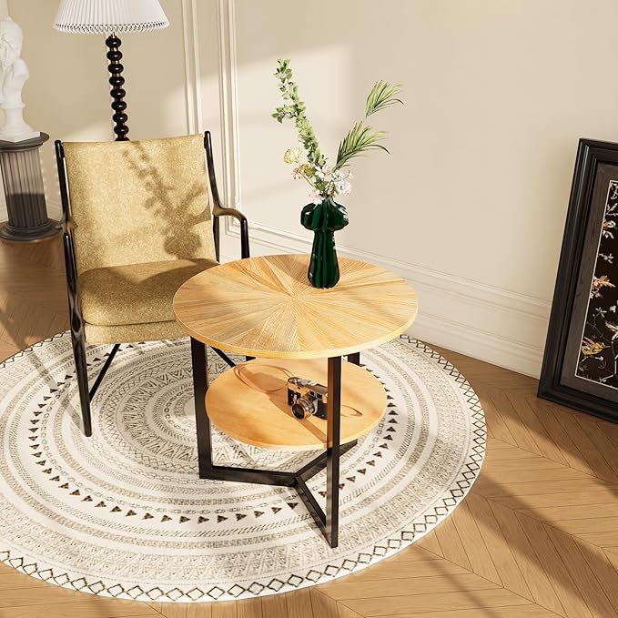 LEEMTORIG Round Side Table, Large End Table Nightstand with Metal Legs, Modern Bedside Table 2-Tier for Living Room, Bedroom, Office, Natural Wood Color/Black, 25.2 x 25.2 x 24 inches CJZ-1338-OA