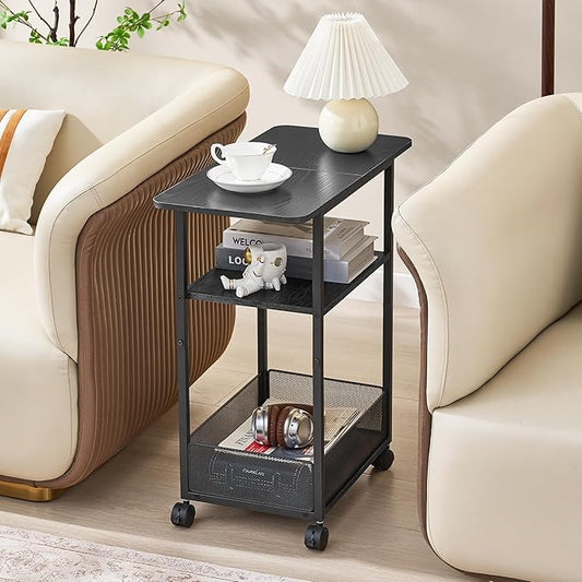 Side Table with Wheels, Narrow Side Table with 3-Layer Storage Shelves, Slim Nightstand, Metal Frame, for Small Spaces, Living Room, Bedroom, 23.6" D x 11.8" W x 25.2" H, Black