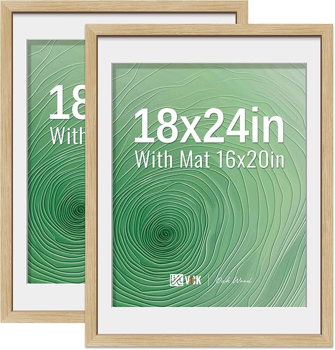 VCK 18x24 Poster Frame 2 Pack - Natural Oak, High-End Wood Picture Frames with Polished Plexiglass, Display 16x20 Photo with Mat or 18x24 without Mat, Art Gallery-Quality, Wall Hanging, Natural Oak