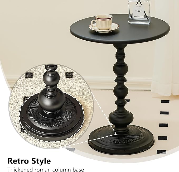 Metal Small End Table,Vintage Matte Black Round Side Table Nightstand for Bedside or Sofa,Small Accent Pedestal Table for Living Room Corners Bedroom Patio and bar (Matte Black)
