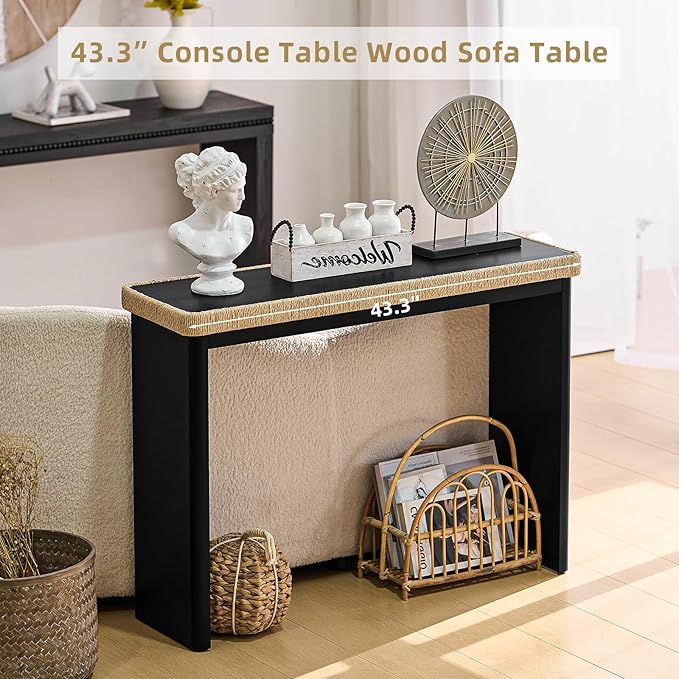 43" Wood Console Table for Entryway, Farmhouse Narrow Entry Tables with Rattan Decor, Boho Skinny Couch Table Behind Sofa for Living Room, Hallway, Foyer, Black