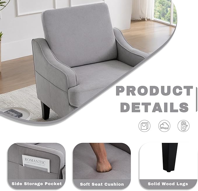 Accent Chair for Living Room,Mid-Century Arm Chair Fabric Living Room Chairs,Upholstered Reading Chair for Bedroom,Single Sofa Chair with Wood Legs for Apartment,Grey,2 Pack