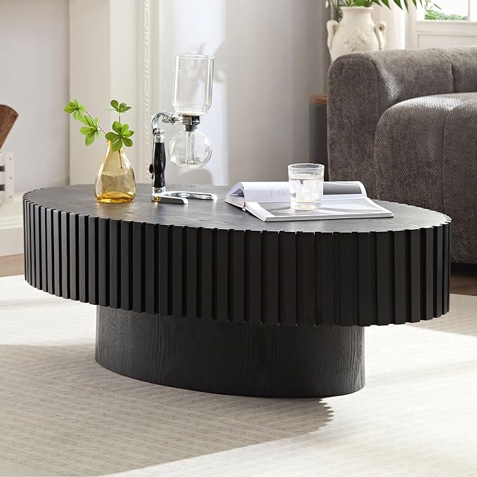 43.31'' Round Coffee Table for Living Room,Modern Handcraft Drum Coffee Table Wood Small Coffee Table with Sturdy Pedestal,Black