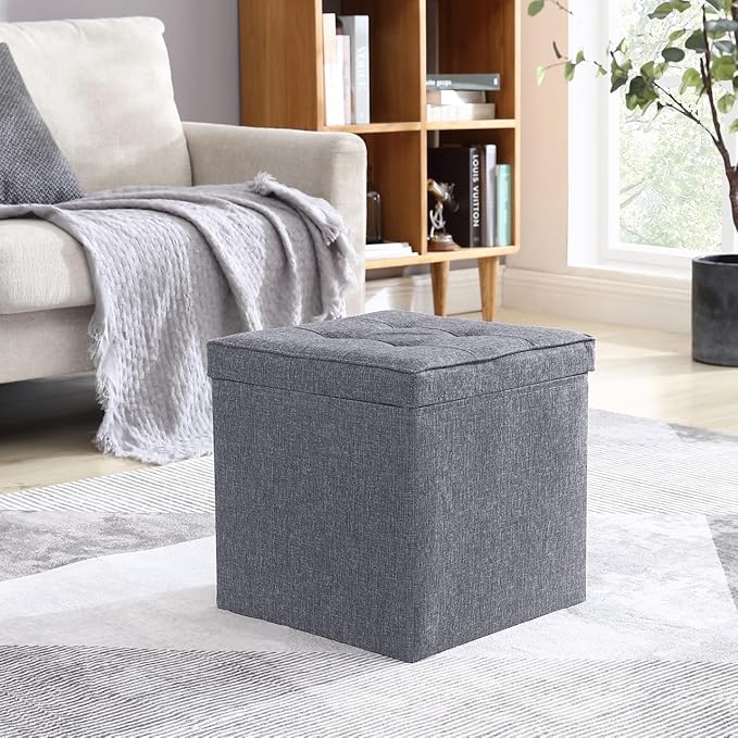Ornavo Home Square Storage Ottoman Linen Foldable Tufted Cube Storage Ottoman Foot Rest Stool/Seat with Table Top Lid, Coffee Table Ottoman - 15" x 15" x 15" (Gray)