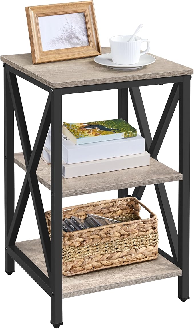 Yaheetech End Table Living Room, 3-Tier Side Table with Storage Shelves for Home Office, Industrial X Design Sofa Tables with Strong Metal Frame, Easy Assembly, Gray