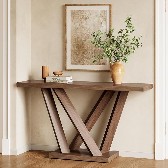LITTLE TREE 63-Inch Console Table with Geometric Base, Modern Long Narrow Accent Sofa Table Behind The Couch, Wood Entryway Table for Hallway, Foyer, Living Room, Dark Brown