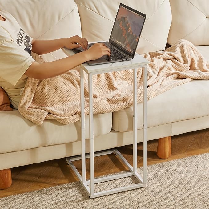 C Shaped End Table, Small Side Table for Sofa and Bed, White Bedside Table, Laptop Desk for Couch 16x12x25 inch Faux Marble+White YD-TM051W