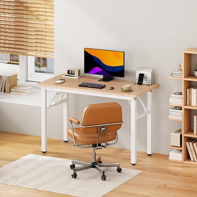 DlandHome Computer Desk Folding Table 39.4 inches Writing Desk for Small Space Study Table Laptop Desk No Assembly Required Pink Oak &White Frame