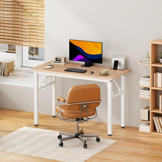 DlandHome Computer Desk Folding Table 39.4 inches Writing Desk for Small Space Study Table Laptop Desk No Assembly Required Pink Oak &White Frame