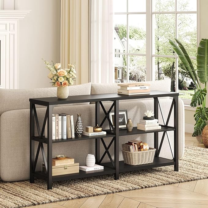 IBF Black Console Table, Modern Sofa Table Behind Couch, Industrial Entryway Table for Hallway Living Room, Farmhouse Wooden Metal Entry Table for Foyer with 3-Tier Storage Shelves, Black Oak, 55 Inch
