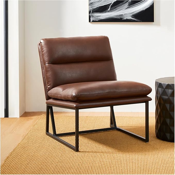 Glitzhome Mid Century Modern Accent Chair, Coffee Thick Leatherette with Metal Frame, Side Upholstered Leisure Chair for Living Room, Bedroom, Office, 1PC