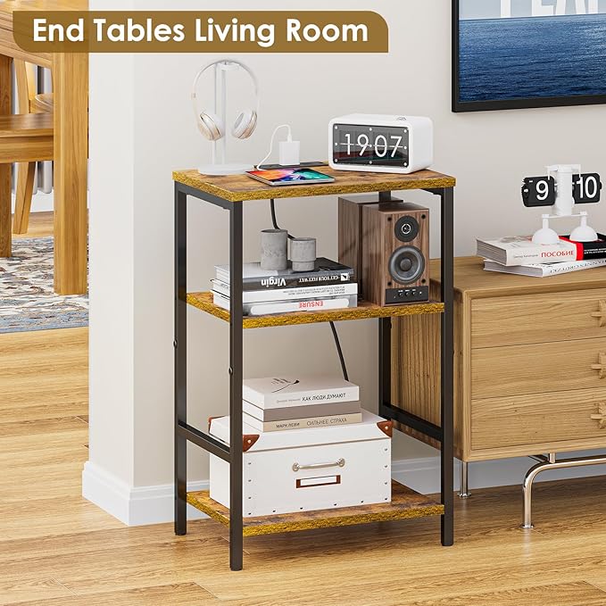 X-cosrack Side Table with Charging Station, End Table with USB Ports and Outlets, Nightstand with Storage Shelves for Small Space, Sofa Couch Table Bedside Table for Living Room Bedroom