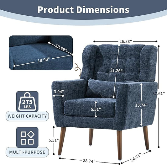 Modern Accent Chair, Upholstered Arm Chair with Waist Pillow, Single Sofa Chair for Living Room Bedroom Small Spaces (Blue)