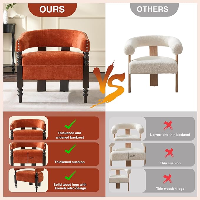 LOULENS Barrel Accent Chair for Living Room | Vintage Chenille Upholstered Lounge Chair with Solid Wood Legs, Armchair for Bedroom, Reception Room & Reading Nook, Orange