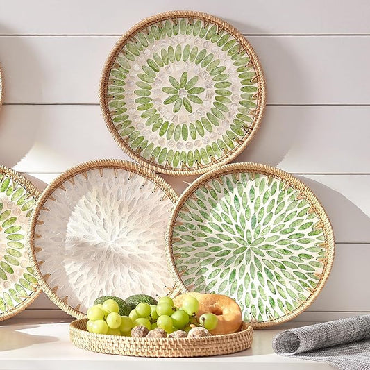 Rattan Tray with Mother of Pearl Inlay, Round Rattan Serving Tray with Wooden Base, Decorative Wicker Basket for Table Decor, Mosaic Tray for Storage and Display of Jewelry Coffee Food (Aqua Green)