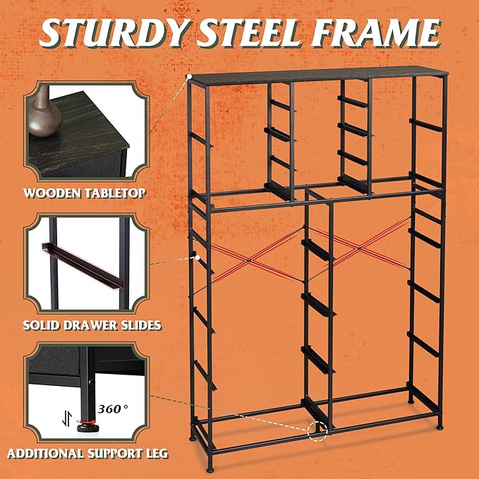 Tall Console Table with 16 Fabric Drawers, Entryway Table with Storage, Large Storage Organizer with Wood Top, Steel Frame for Living Room, Hallway, Office, Charcoal Black