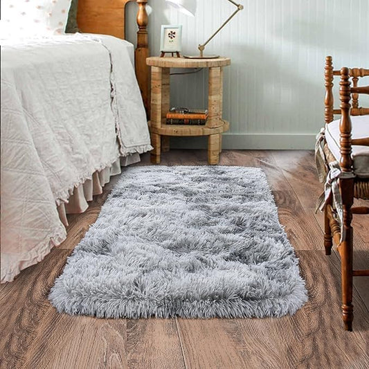 Small Area Rug, 2x3 Rug for Bedroom Shaggy Throw Rugs for Dorm Rug, Soft Tie Dyed Carpet for Kids Room, Plush Non-Slip Fluffy Bedside Rug for Home Decor Aesthetic, Light Grey