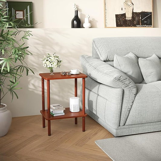 Apicizon 2 Tier End Table, Small Side Table with Solid Wood Legs, Boho Bedside Table with Storage Shelf, Nightstand for Small Spaces, Bedroom, Living Room, Entryway, Easy Assembly, Vintage Brown