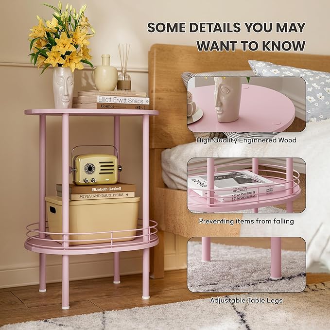 Small Round Side Table,Bedside Table with Storage, Morden Round Nightstand, Samll Side Table for Living Room，Bathroom，Bedroom, Nursery, Laundry, Pink