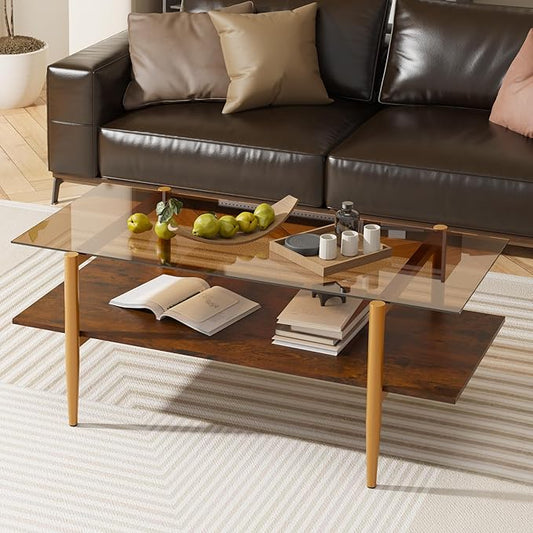 Glass Coffee Table, Rectangle Living Room Center Table with Golden Legs, Mid-Century Modern Accent Tables with Open Shelf for Living Room, Office, Brown