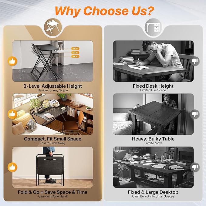 Huuger Folding Desk with 3-Level Adjustable Height and Tablet Slot, 24 Inch Foldable Computer Desk for Small Spaces, Space Saving, Study Writing Work Table for Home Office, Bedroom, Study, Black