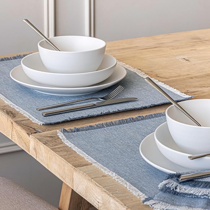 Over&Back Set of 4 Woven Frayed Chambray Placemats - Colorful Dining Table Mat - Hand-Finished Frayed Edges - 100% Cotton - Machine Washable - Kitchen and Home Decor - Blue - 14" L X 20" W