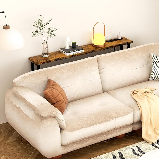 39" Sofa Table Narrow Long with Power Outlets & 2 USB Ports, Metal Frame Behind Couch Table Behind Sofa Perfect for Hallway, Living Room, Entrance Easy Assembly, 4.9' Extension Cord Included
