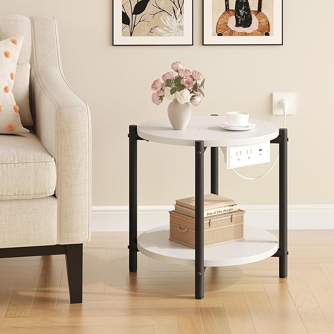 LIKIMIO 15.8" W Small Round Side Table with Charging Station, 2-Tier End Table with Lower Shelf, Wooden Nightstand for Small Spaces, Living Room, Bedroom, White